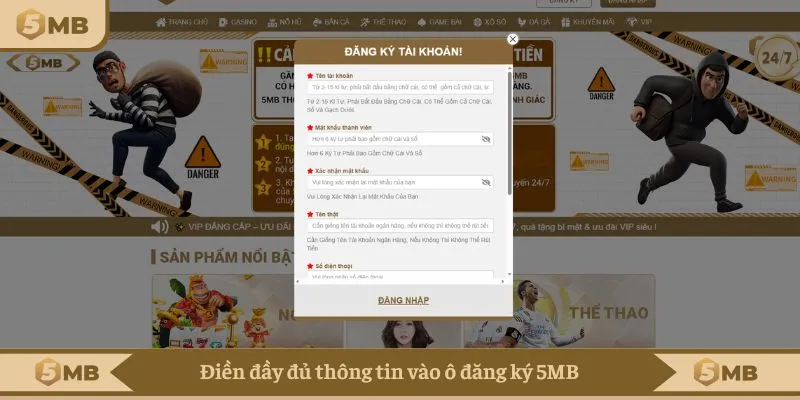 Điền đầy đủ thông tin vào ô đăng ký 5MB
